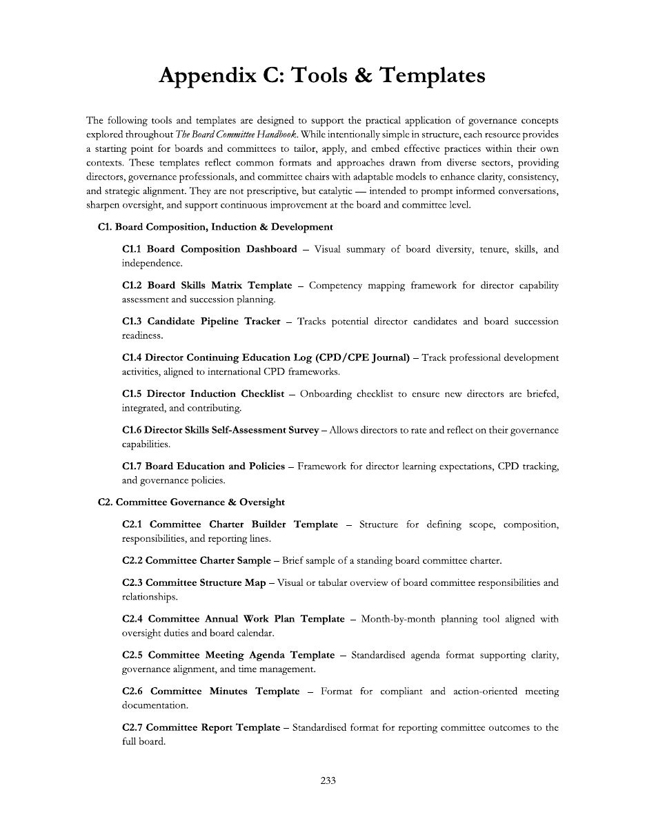 Sample page opening Appendix C, the tools and templates section of the handbook.