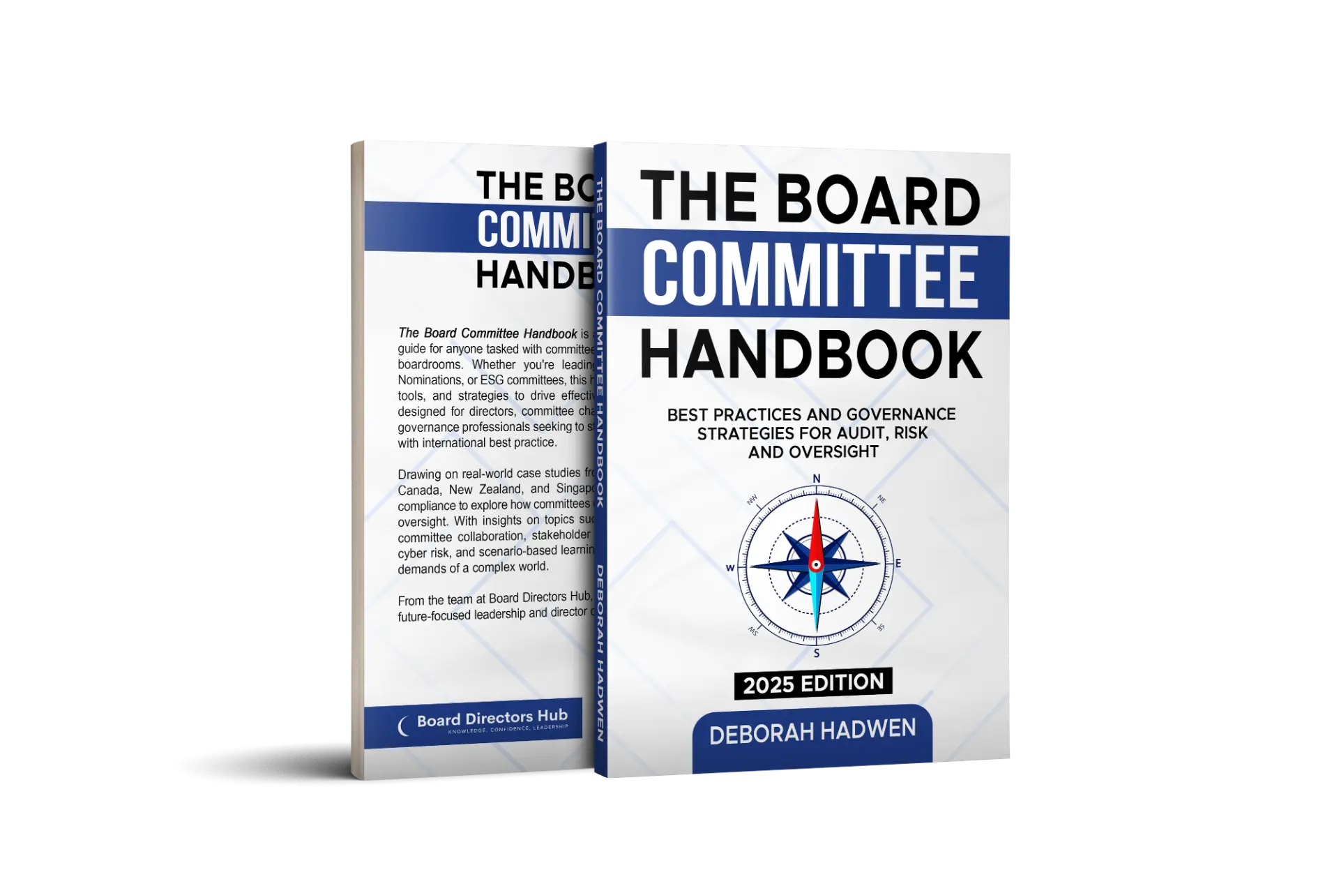 Three-dimensional mockup of The Board Committee Handbook paperback, showing the front and back covers.